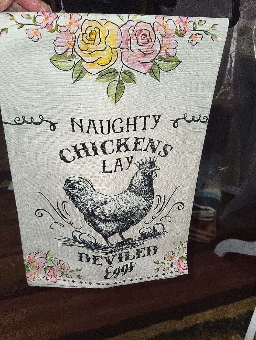 Naughty Chickens Lay Deviled Eggs Kitchen Towel - Floral White